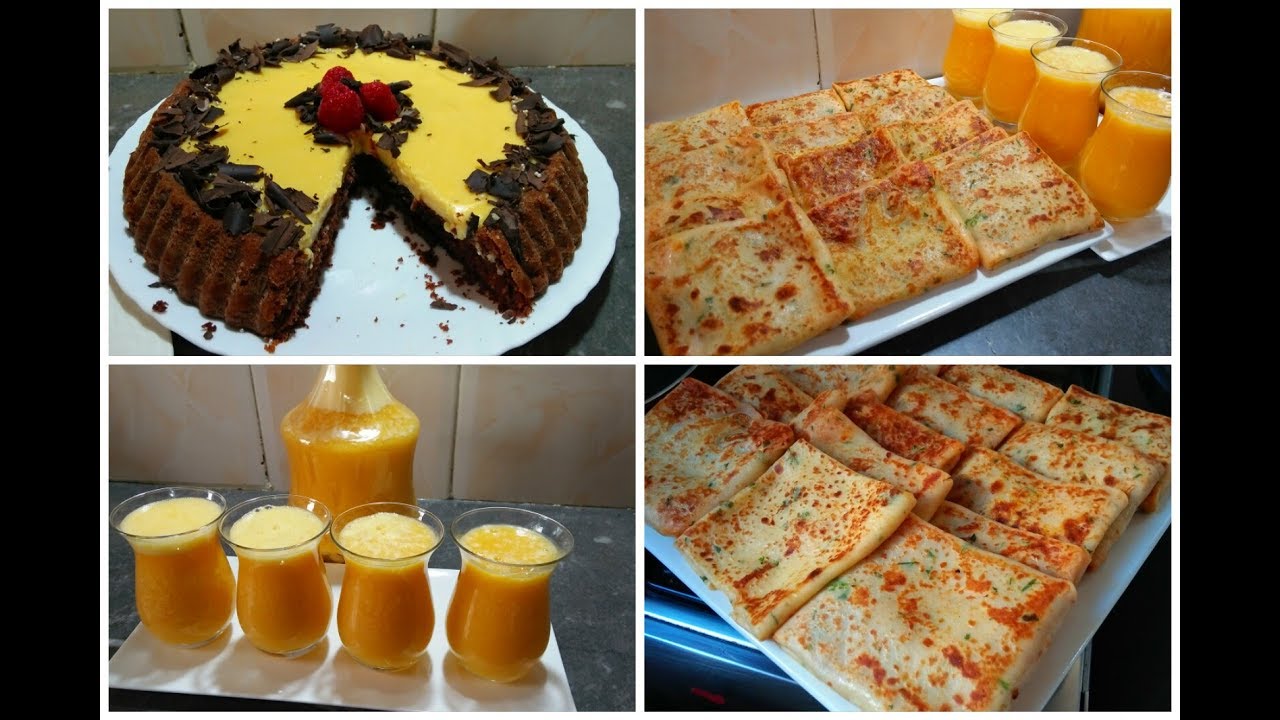 مائدة رمضانية بأطباق سهلة و ناجحة بعصير البرتقال كريب محشو بصدر الدجاج وكيكة الياغورت والنشا