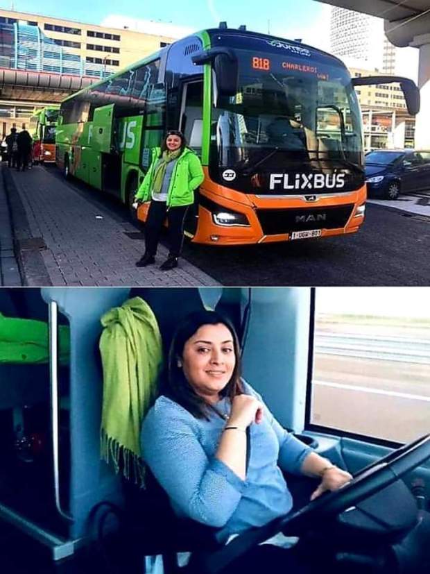 إلهام المغربية أول امرأة عربية تتحدى الرجال وتقود حافلة دولية ببلجيكا (صور)