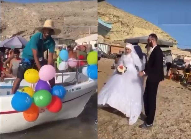 في أزمة كورونا.. صور لزفاف استثنائي بأحد شواطئ الناظور تنتشر على مواقع التواصل