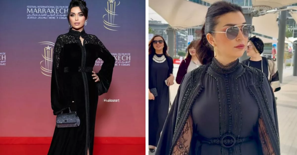 اخر اطلالة للفنانة فرح الفاسي بأحدث تصاميم الجلابة المغربية باللون الأسود