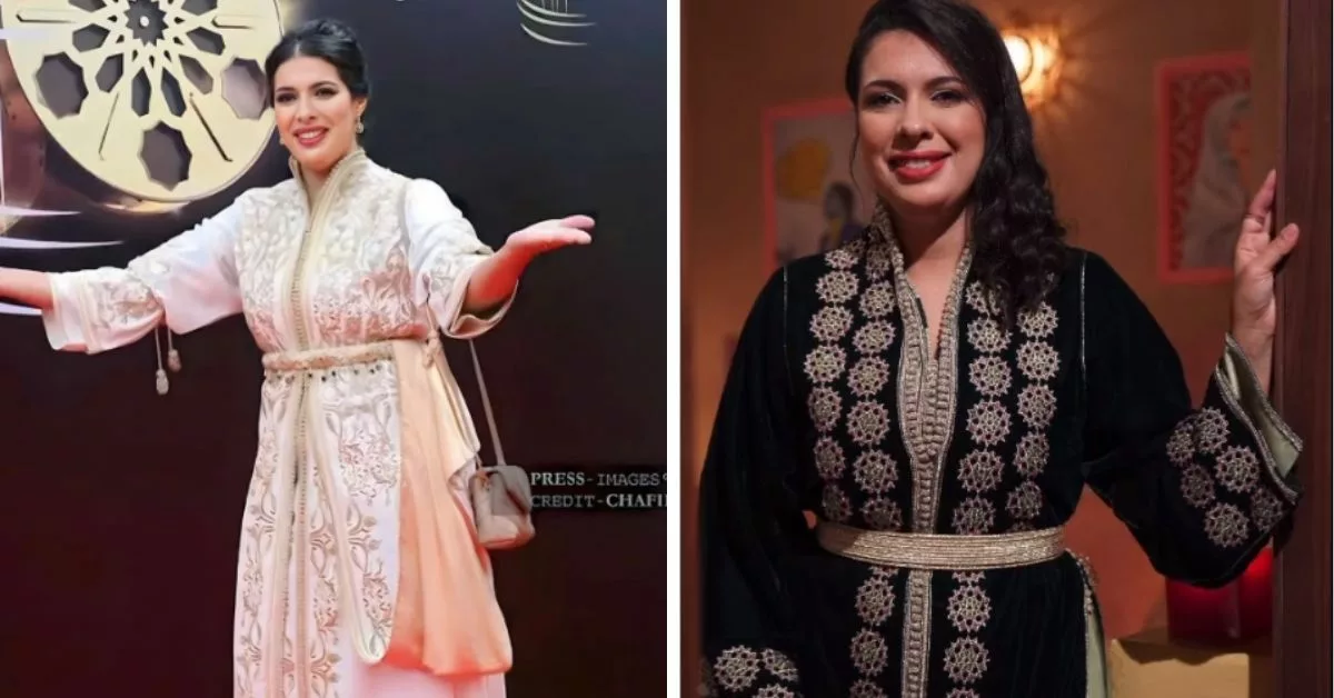 اطلالة الممثلة مونية لمكيمل بالقفطان المغربي في افتتاح المهرجان الدولي للمسرح بالدار البيضاء