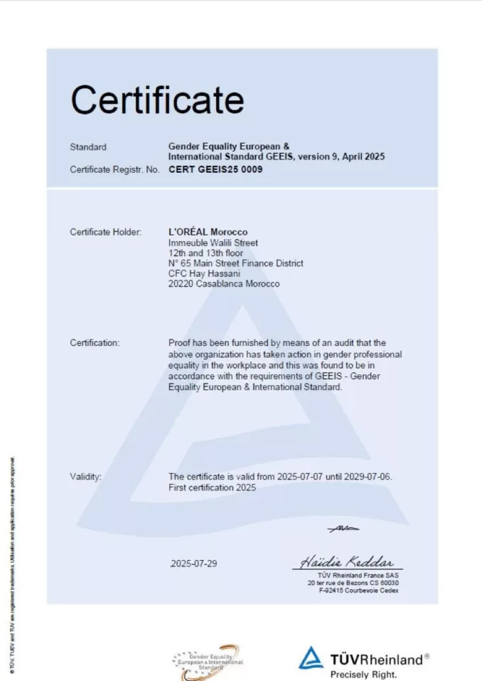 لوريال المغرب تنال شهادة GEEIS، مؤكدةً بذلك ريادتها في مجالات التنوع والإنصاف والإدماج لوريال المغرب تنال شهادة GEEIS، مؤكدةً بذلك ريادتها في مجالات التنوع والإنصاف والإدماج